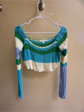 Striped Cropped Knit Sweater - Blue, Green & Cream